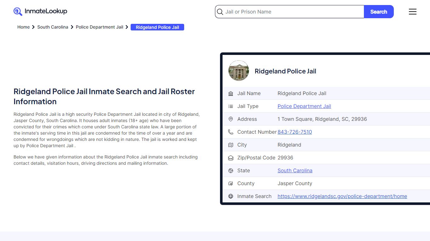 Ridgeland Police Jail (SC) Inmate Search South Carolina - Inmate Lookup