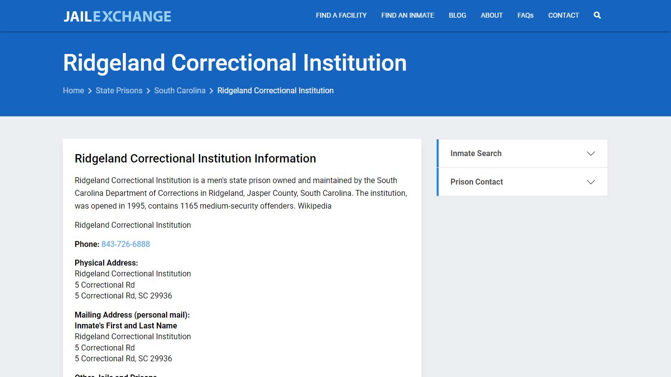 Ridgeland Correctional Institution Inmate Search, SC - Jail Exchange